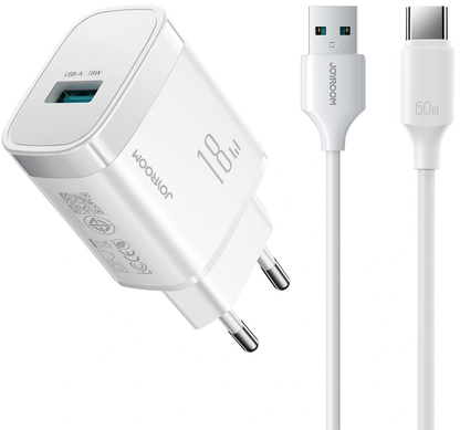 Chargeur secteur avec câble USB-C Joyroom JR-TF4, 18W, 3A, 1 x USB-A, Blanc