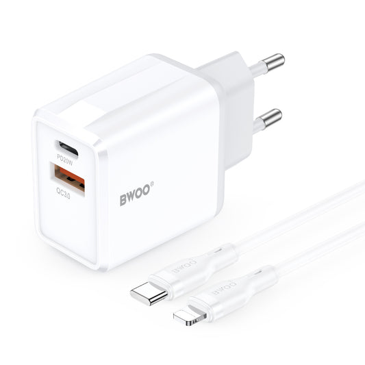 Chargeur Secteur Avec Câble Lightning BWOO CDA182, 38W, 3A, 1 x USB-A - 1 x USB-C, Blanc