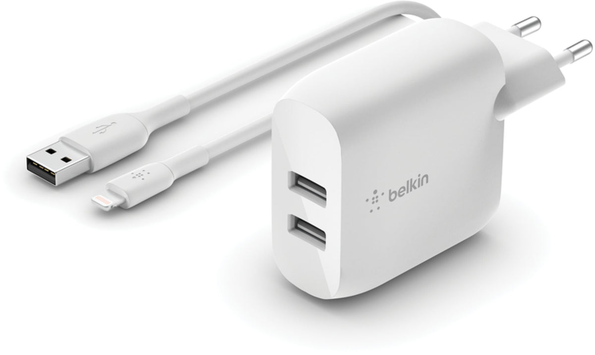 Caricatore da rete con cavo USB-C Belkin BoostCharge Dual, 24W, 2.4A, 2 x USB-A, Bianco WCE001vf1MWH