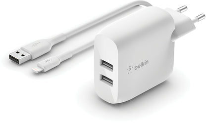 Caricatore da rete con cavo USB-C Belkin BoostCharge Dual, 24W, 2.4A, 2 x USB-A, Bianco WCE001vf1MWH