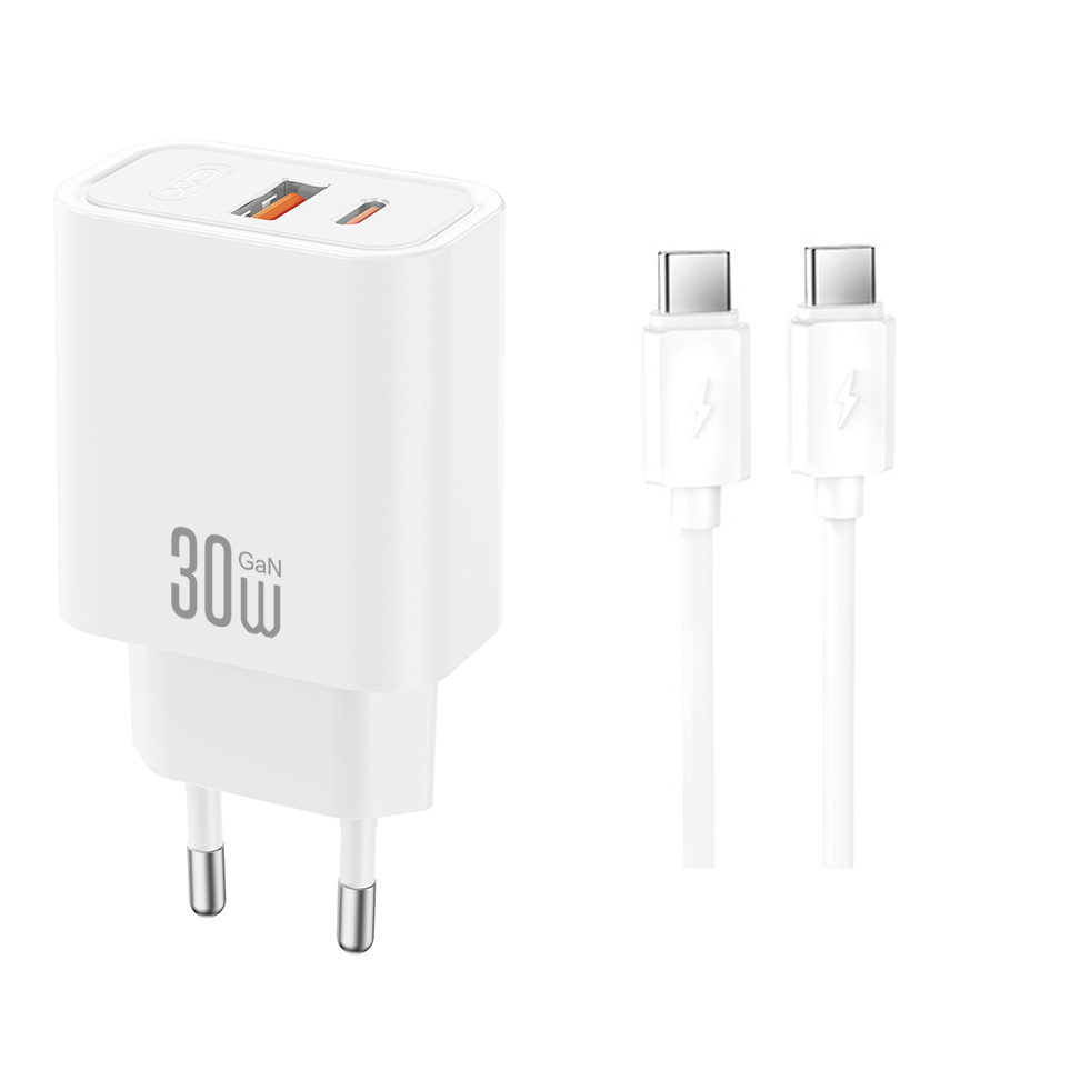 Caricatore da Rete con Cavo USB-C XO Design CE42, 30W, 3A, 1 x USB-A - 1 x USB-C, Bianco