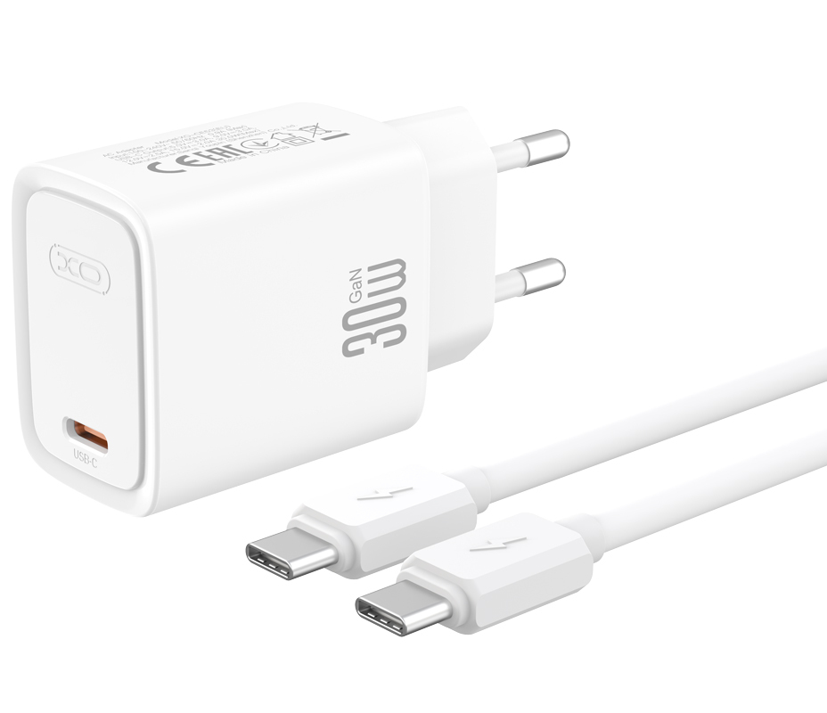XO Design CE53 Netzladegerät mit USB-C-Kabel, 30 W, 3 A, 1 x USB-C, Weiß
