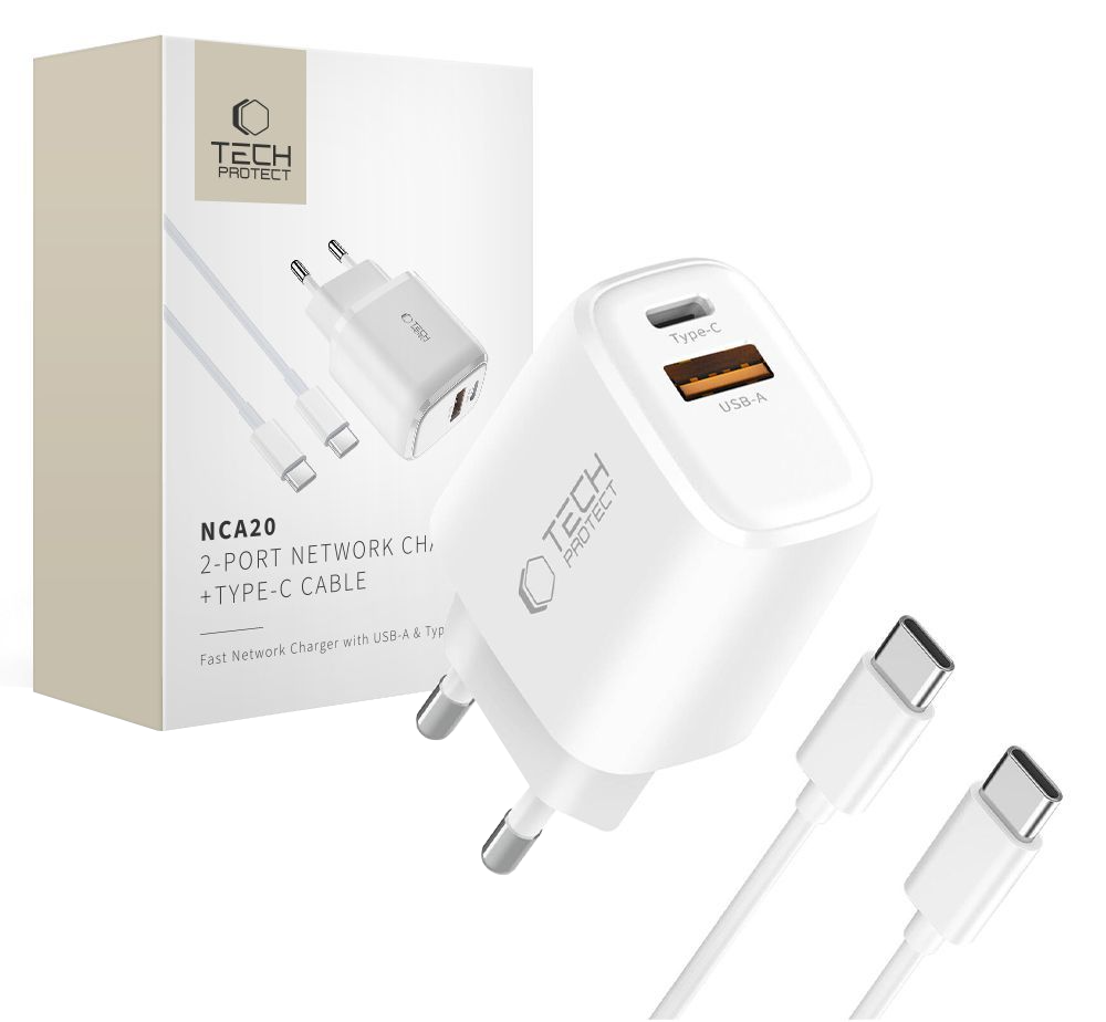 Chargeur Secteur avec Câble USB-C Tech-Protect NCA20, 20W, 3A, 1 x USB-A - 1 x USB-C, Blanc