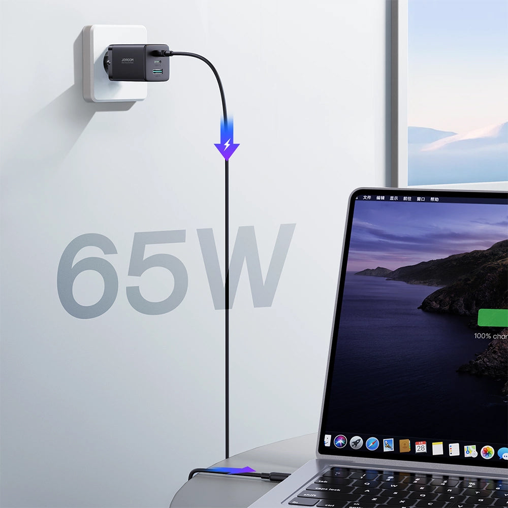 Chargeur réseau avec câble USB-C Joyroom TCG01, 65W, 3.25A, 1 x USB-A - 2 x USB-C, Noir
