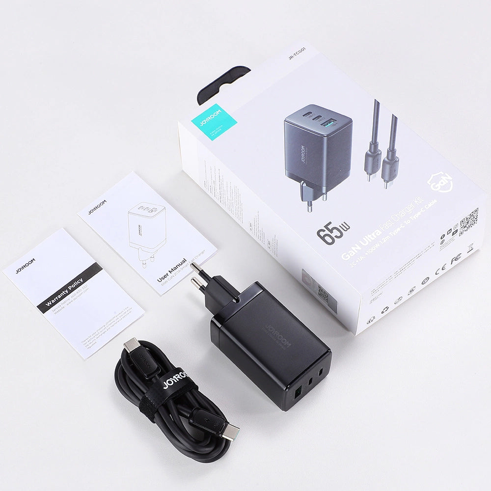 Chargeur réseau avec câble USB-C Joyroom TCG01, 65W, 3.25A, 1 x USB-A - 2 x USB-C, Noir