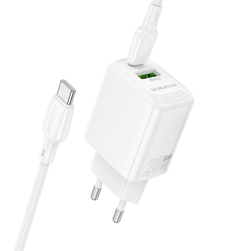 Network Charger with USB-C Cable Borofone BN27 Fuente, 20W, 3A, 1 x USB-A - 1 x USB-C, White
