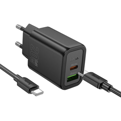 Chargeur réseau avec câble Lightning HOCO N61, 20W, 3A, 1 x USB-A - 1 x USB-C, Noir