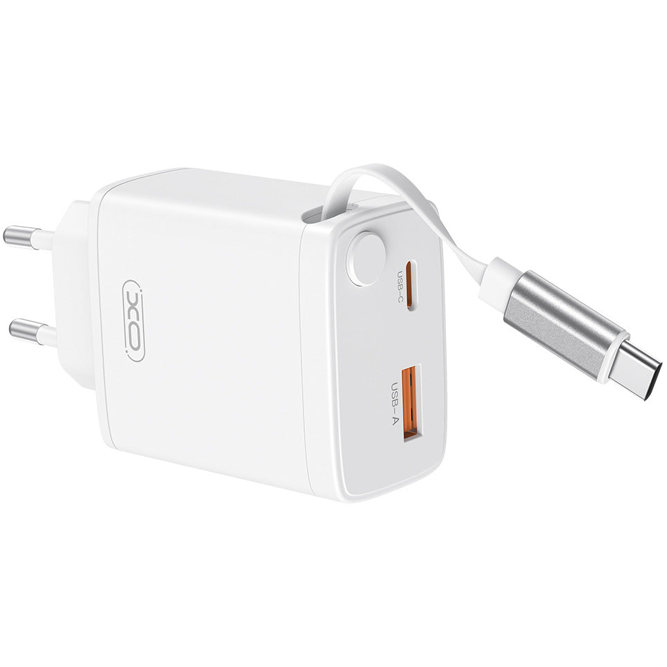 Chargeur Réseau avec Câble USB-C XO Design CE31, 30W, 3A, 1 x USB-A - 1 x USB-C, Blanc
