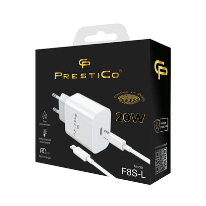 Chargeur réseau avec câble Lightning Prestico F8S, 20W, 3A, 1 x USB-C, Blanc