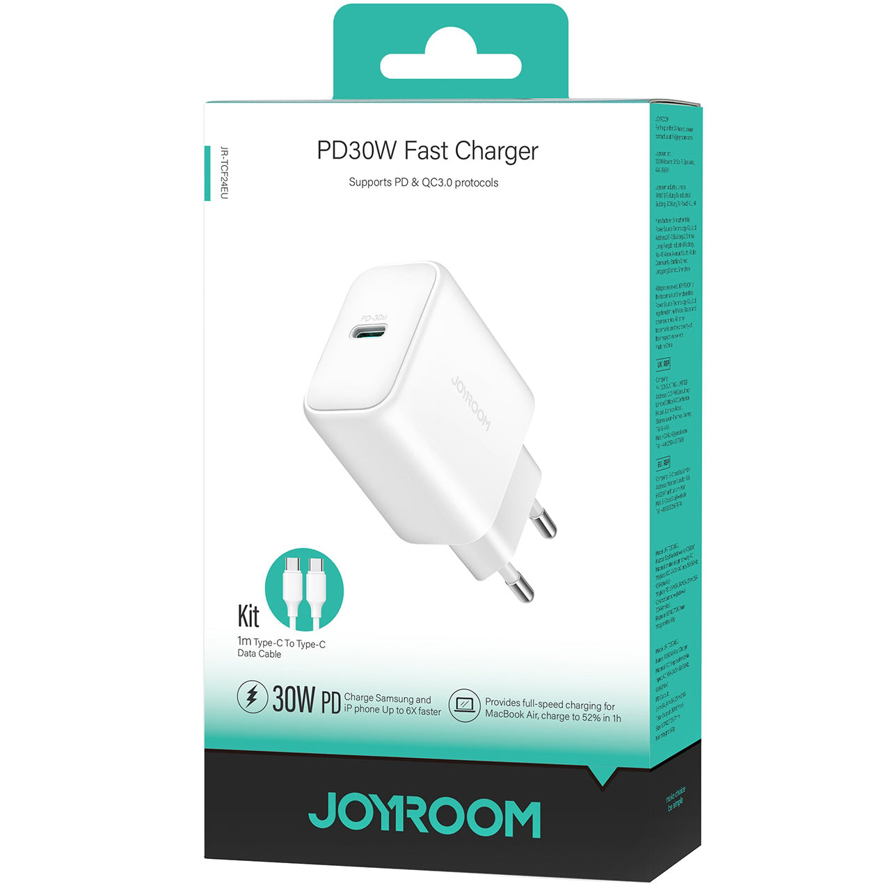 Chargeur réseau avec câble USB-C Joyroom JR-TCF24, 30W, 3A, 1 x USB-C, Blanc