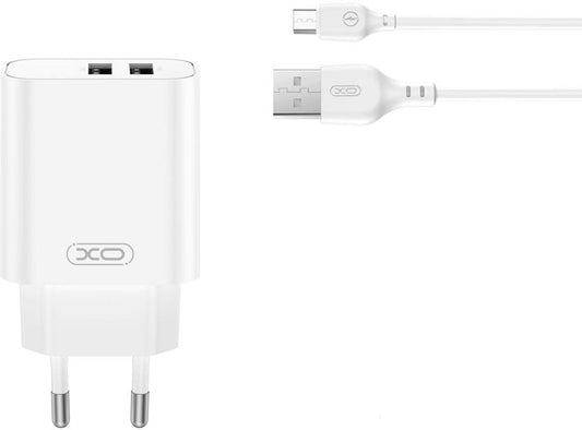Chargeur réseau avec câble microUSB XO Design CE34, 12W, 2.4A, 2 x USB-A, Blanc