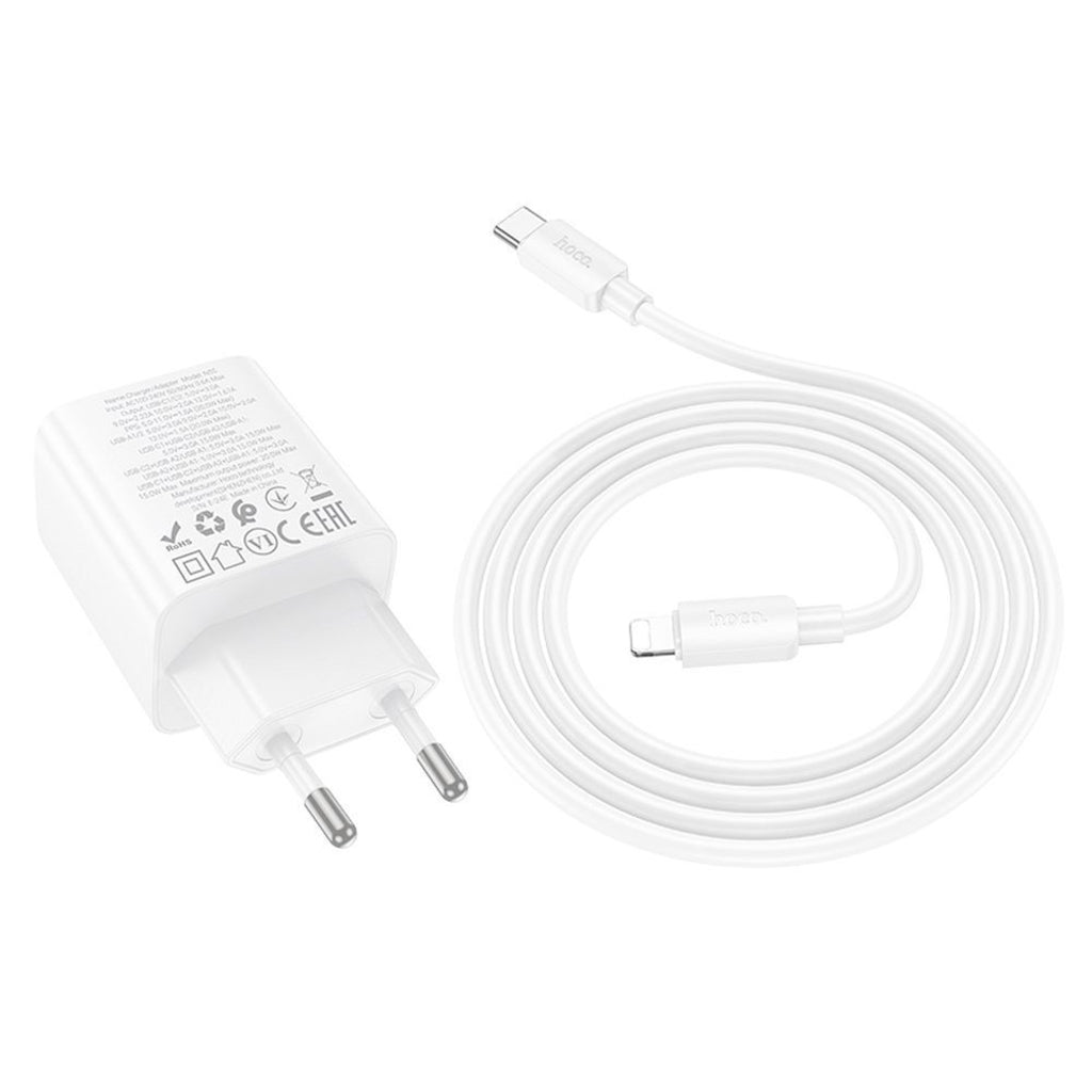 Caricabatterie da Rete con Cavo Lightning HOCO N55, 20W, 3A, 2 x USB-A - 2 x USB-C, Bianco