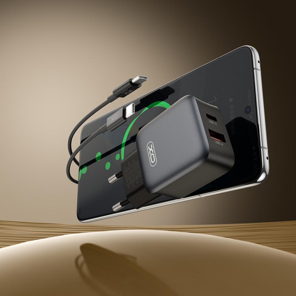 Caricabatterie da Rete con Cavo USB-C XO Design L156, 30W, 3A, 1 x USB-A - 1 x USB-C, Nero