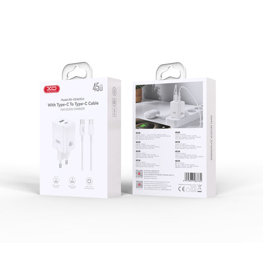 Caricabatterie da Rete con Cavo USB-C XO Design CE36, 45W, 3A, 1 x USB-A - 1 x USB-C, Bianco