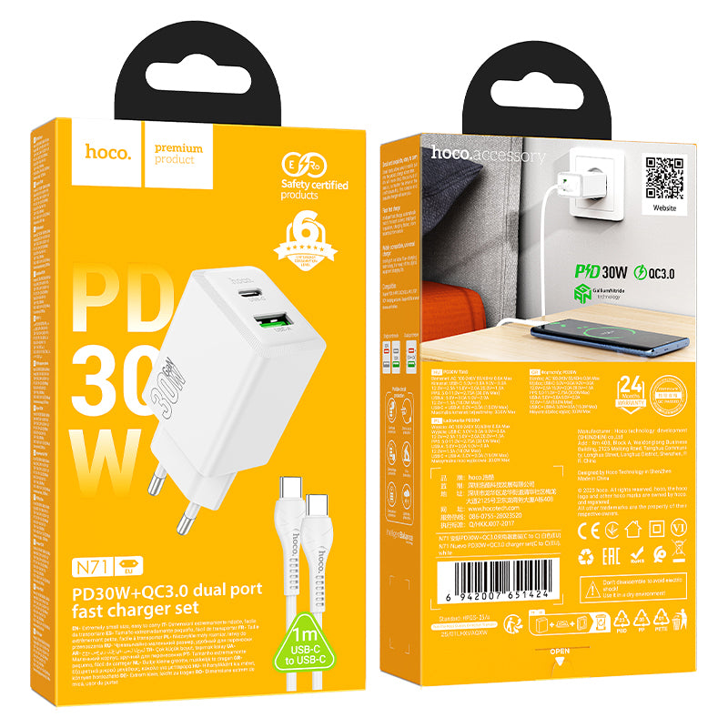 Caricabatterie da Rete con Cavo USB-C HOCO N71, 30W, 3A, 1 x USB-A - 1 x USB-C, Bianco