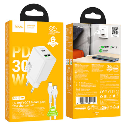 Caricabatterie da Rete con Cavo USB-C HOCO N71, 30W, 3A, 1 x USB-A - 1 x USB-C, Bianco