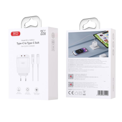 Caricabatterie da Rete con Cavo USB-C XO Design L140, 35W, 3A, 2 x USB-C, Bianco