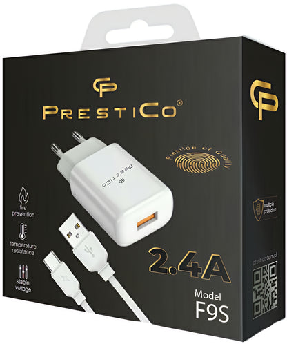 Chargeur réseau avec câble USB-C Prestico F9S, 12W, 2.4A, 1 x USB-A, Blanc