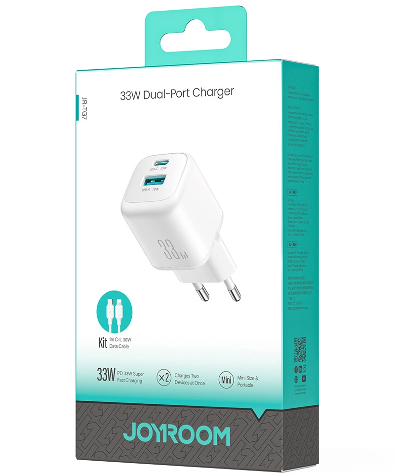 Caricabatterie Rete con Cavo Lightning Joyroom JR-TG7, 33W, 3A, 1 x USB-A - 1 x USB-C, Bianco