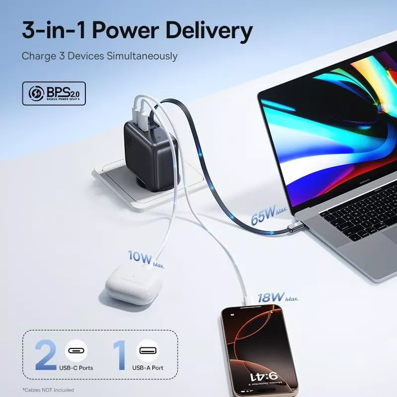 Chargeur Réseau avec Câble USB-C Baseus EnerCore CJ11, 100W, 1 x USB-A - 2 x USB-C, Noir E0120M00