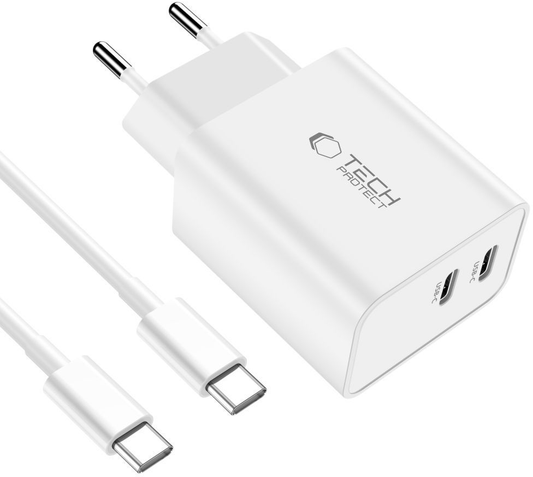 Caricatore di Rete con Cavo USB-C Tech-Protect C35W, 35W, 3A, 2 x USB-C, Bianco