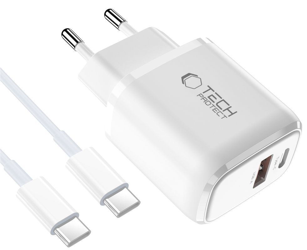 Chargeur Secteur avec Câble USB-C Tech-Protect NCA20, 20W, 3A, 1 x USB-A - 1 x USB-C, Blanc