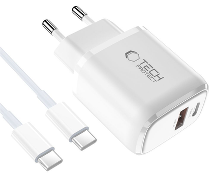 Chargeur Secteur avec Câble USB-C Tech-Protect NCA20, 20W, 3A, 1 x USB-A - 1 x USB-C, Blanc