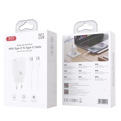 Caricatore da rete con cavo USB-C XO Design CE51, 20 W, 3 A, 1 x USB-C, bianco