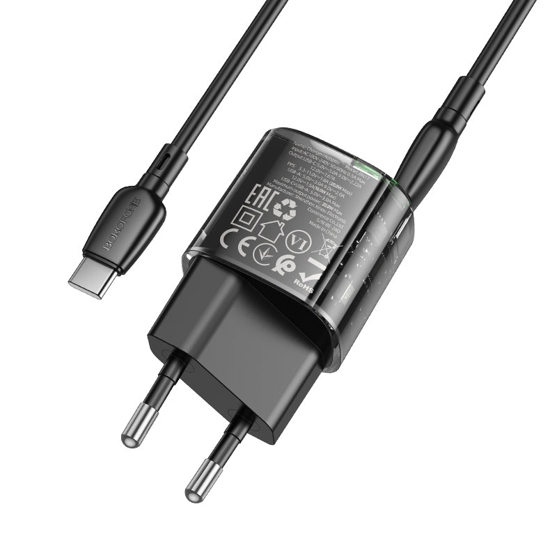 Caricabatterie da rete con cavo USB-C Borofone BN17 Sunlight, 20W, 3A, 1 x USB-A - 1 x USB-C, Nero