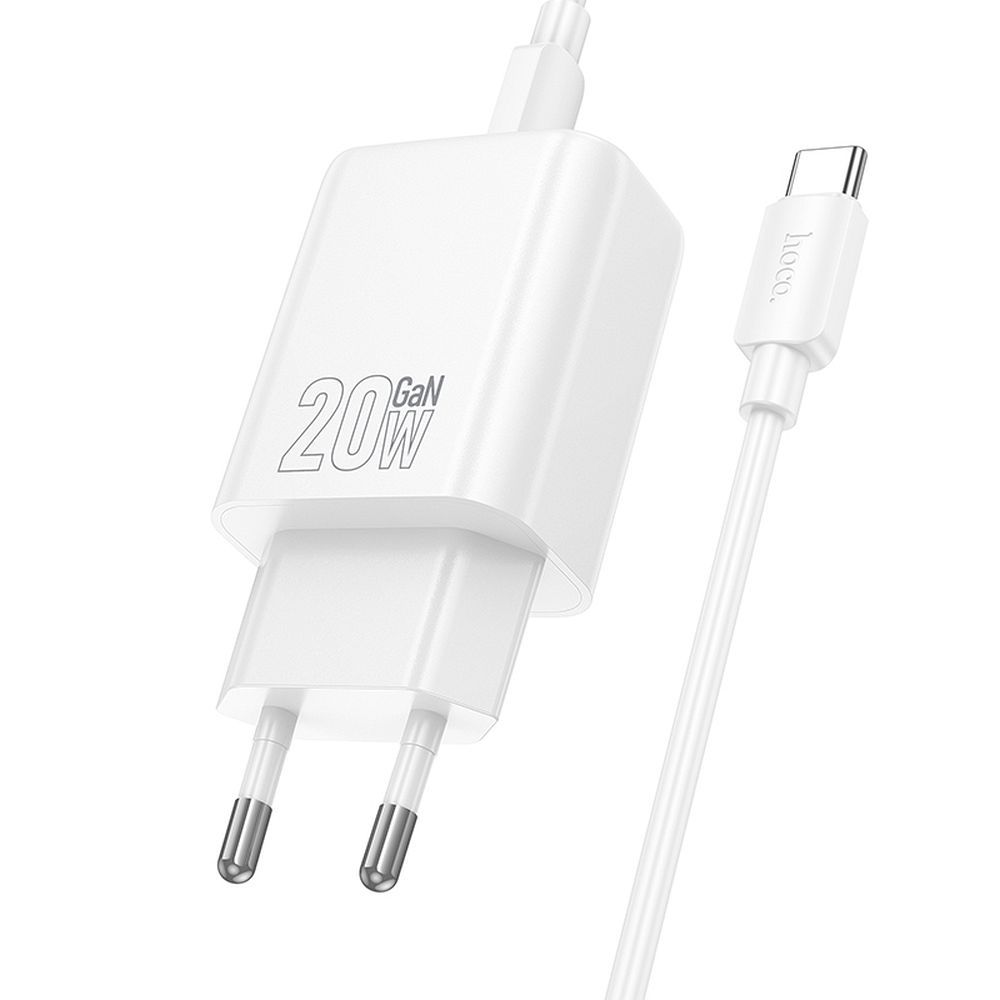 Chargeur réseau avec câble USB-C HOCO N61, 20W, 3A, 1 x USB-A - 1 x USB-C, Blanc