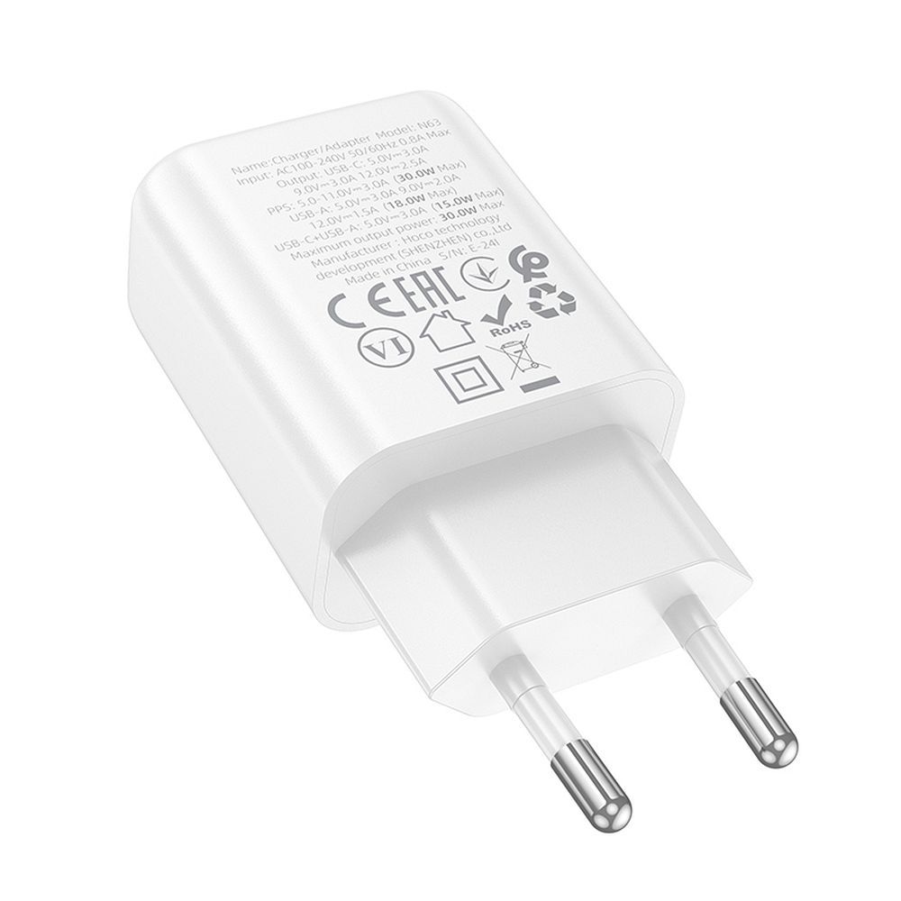 Caricabatterie Rete HOCO N63, 30W, 3A, 1 x USB-A - 1 x USB-C, Bianco