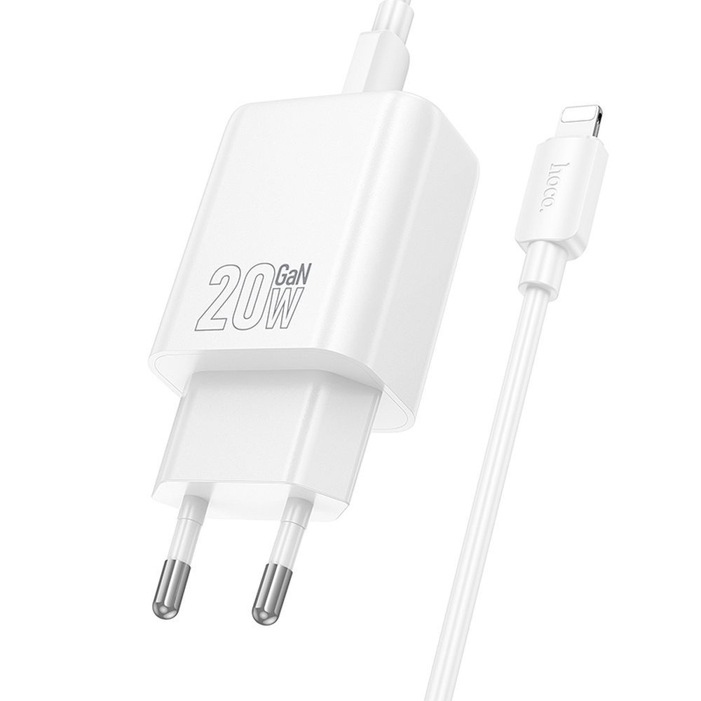 Chargeur réseau avec câble Lightning HOCO N61, 20W, 3A, 1 x USB-A - 1 x USB-C, Blanc