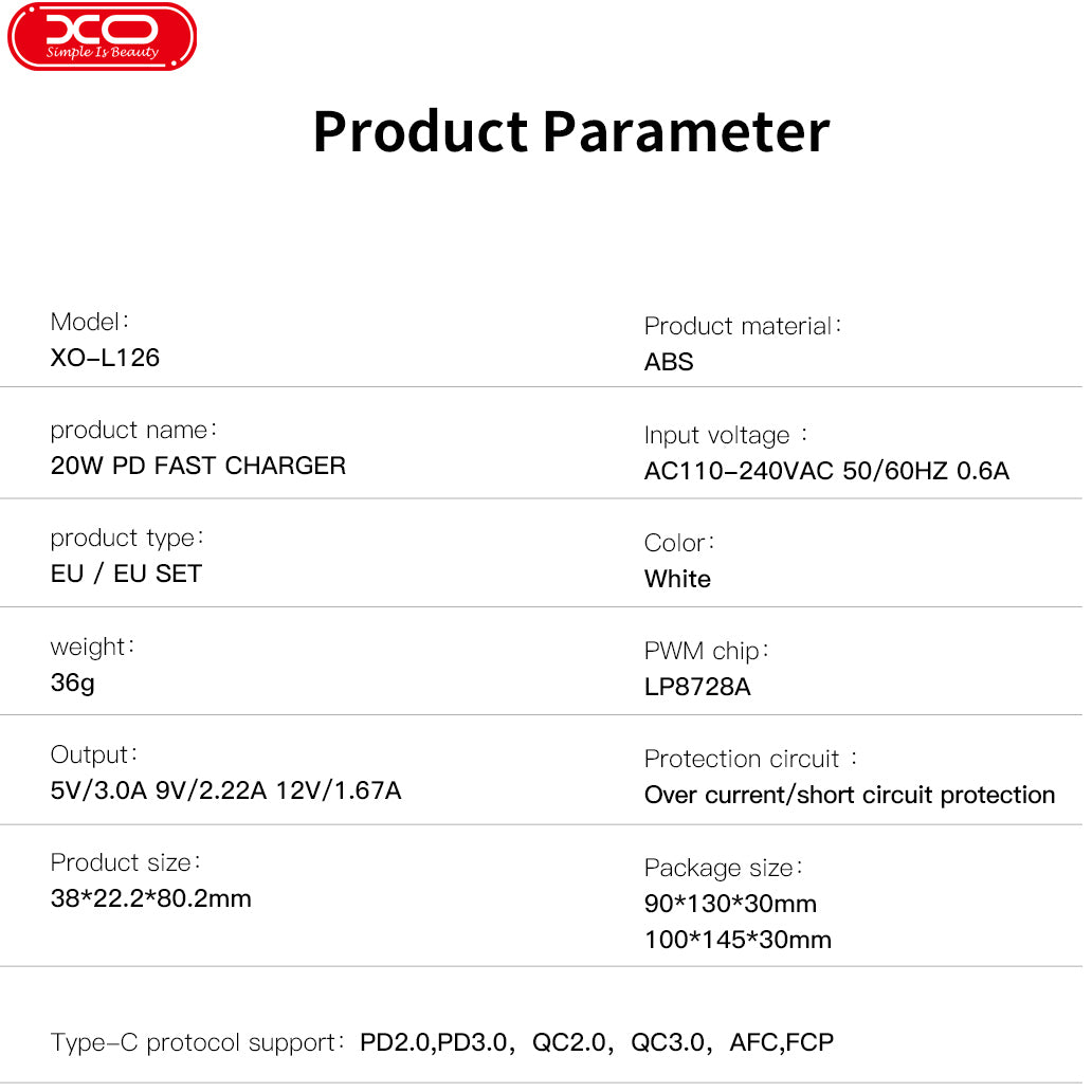 Caricabatterie da Rete con Cavo USB-C XO Design L126, 20W, 3A, 1 x USB-C, Bianco