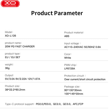Caricabatterie da Rete con Cavo USB-C XO Design L126, 20W, 3A, 1 x USB-C, Bianco
