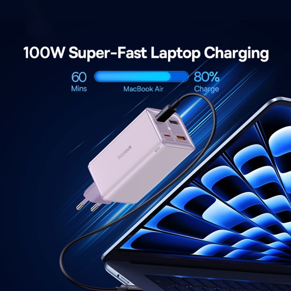 Baseus GaN6 Pro Network Charger with USB-C Cable, 100W, 3.25A, 2 x USB-A - 2 x USB-C, Purple P10162705532-00