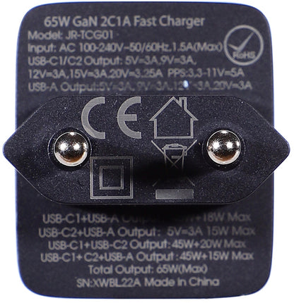 Chargeur réseau avec câble USB-C Joyroom TCG01, 65W, 3.25A, 1 x USB-A - 2 x USB-C, Noir