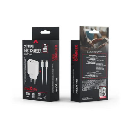 Chargeur réseau avec câble USB-C MaXlife MXTC-06-20AC, 20W, 3A, 1 x USB-A - 1 x USB-C, Blanc