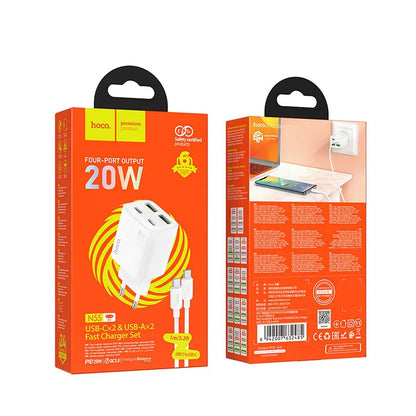 Chargeur réseau avec câble USB-C HOCO N55, 20W, 3A, 2 x USB-A - 2 x USB-C, Blanc