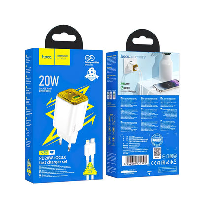 Chargeur réseau avec câble Lightning HOCO N52, 20W, 3A, 1 x USB-A - 1 x USB-C, Blanc