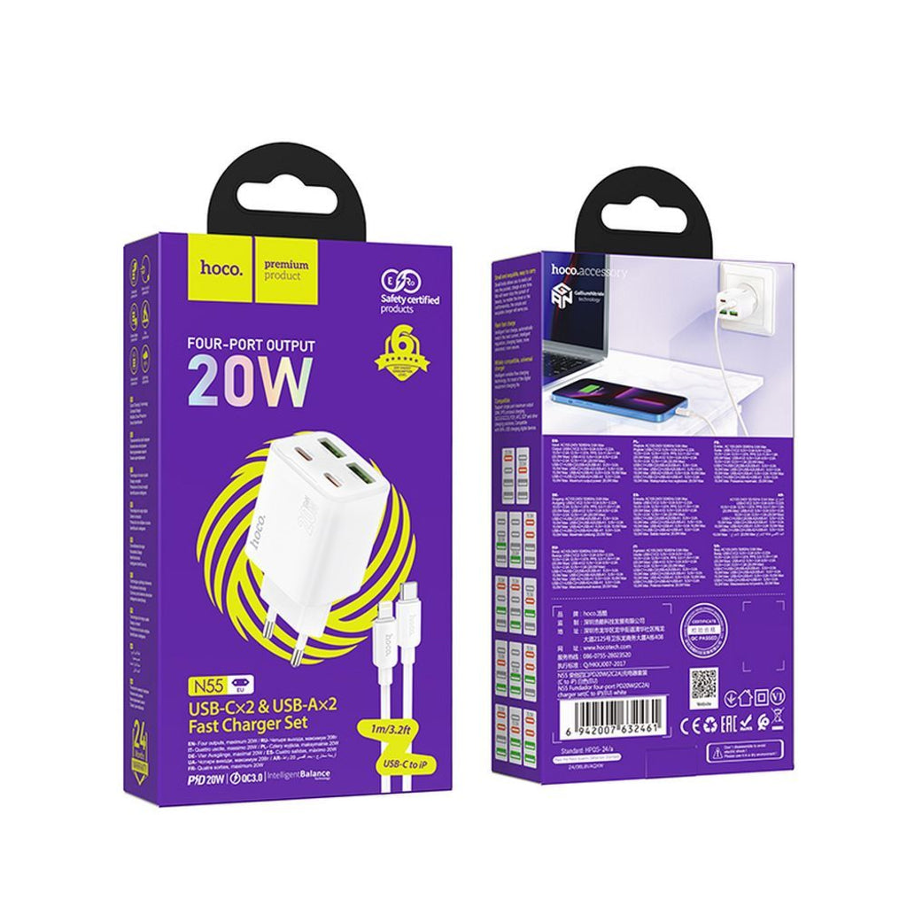 Caricabatterie da Rete con Cavo Lightning HOCO N55, 20W, 3A, 2 x USB-A - 2 x USB-C, Bianco