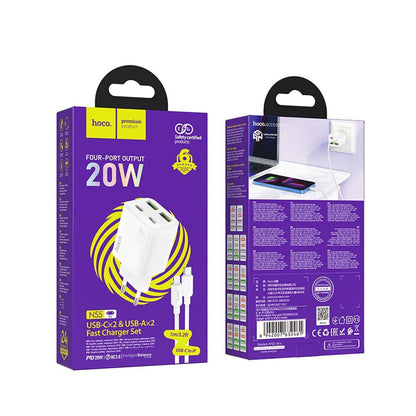 Caricabatterie da Rete con Cavo Lightning HOCO N55, 20W, 3A, 2 x USB-A - 2 x USB-C, Bianco