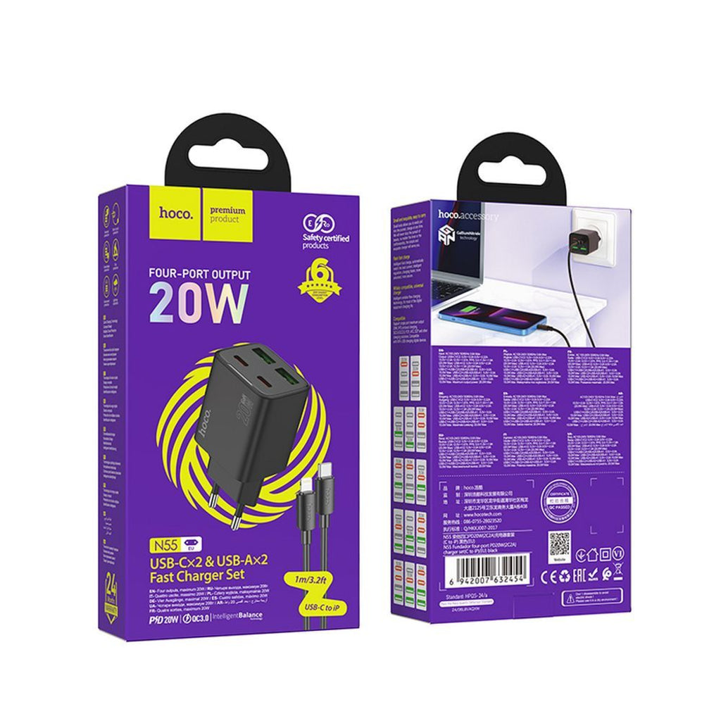 Caricabatterie da Rete con Cavo Lightning HOCO N55, 20W, 3A, 2 x USB-A - 2 x USB-C, Nero