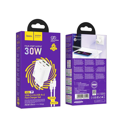 Caricabatterie da Rete con Cavo Lightning HOCO N56, 30W, 3A, 2 x USB-A - 2 x USB-C, Bianco
