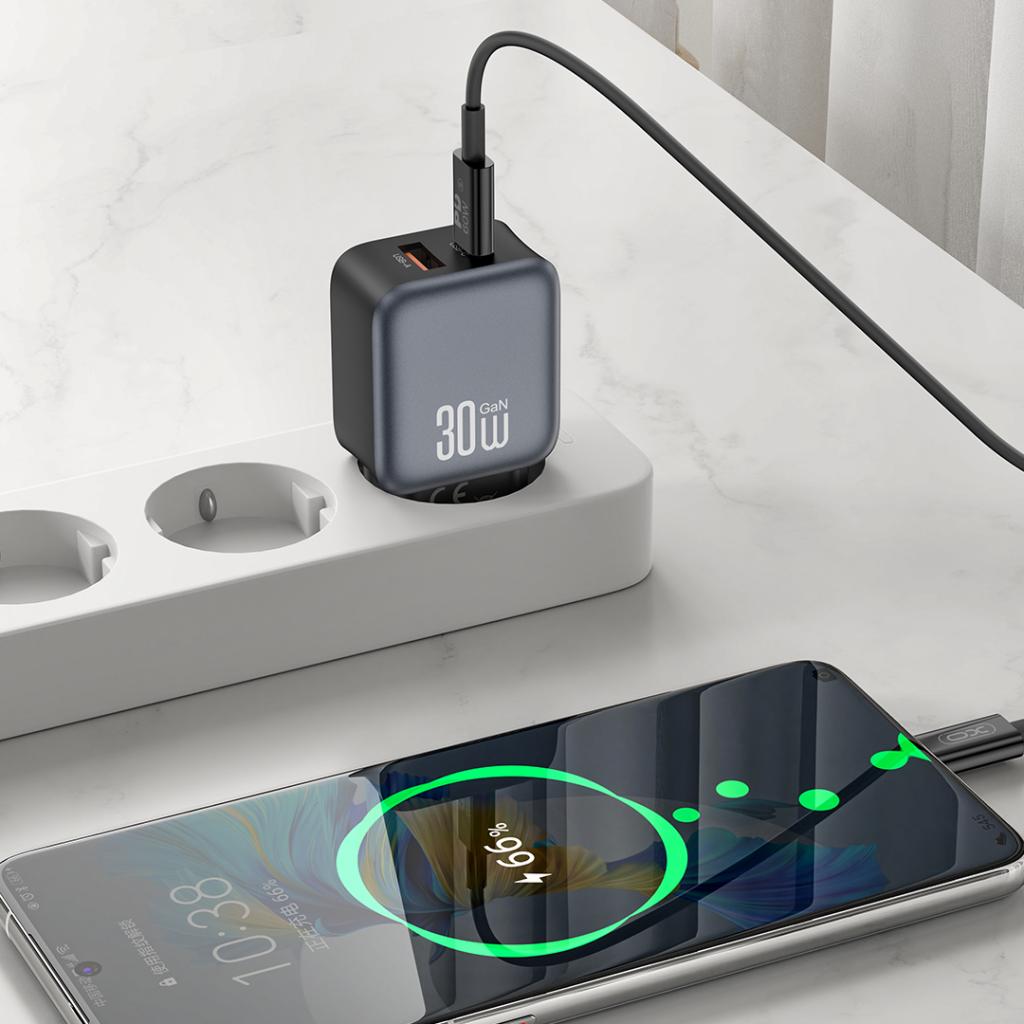 Caricabatterie da Rete con Cavo USB-C XO Design L156, 30W, 3A, 1 x USB-A - 1 x USB-C, Nero