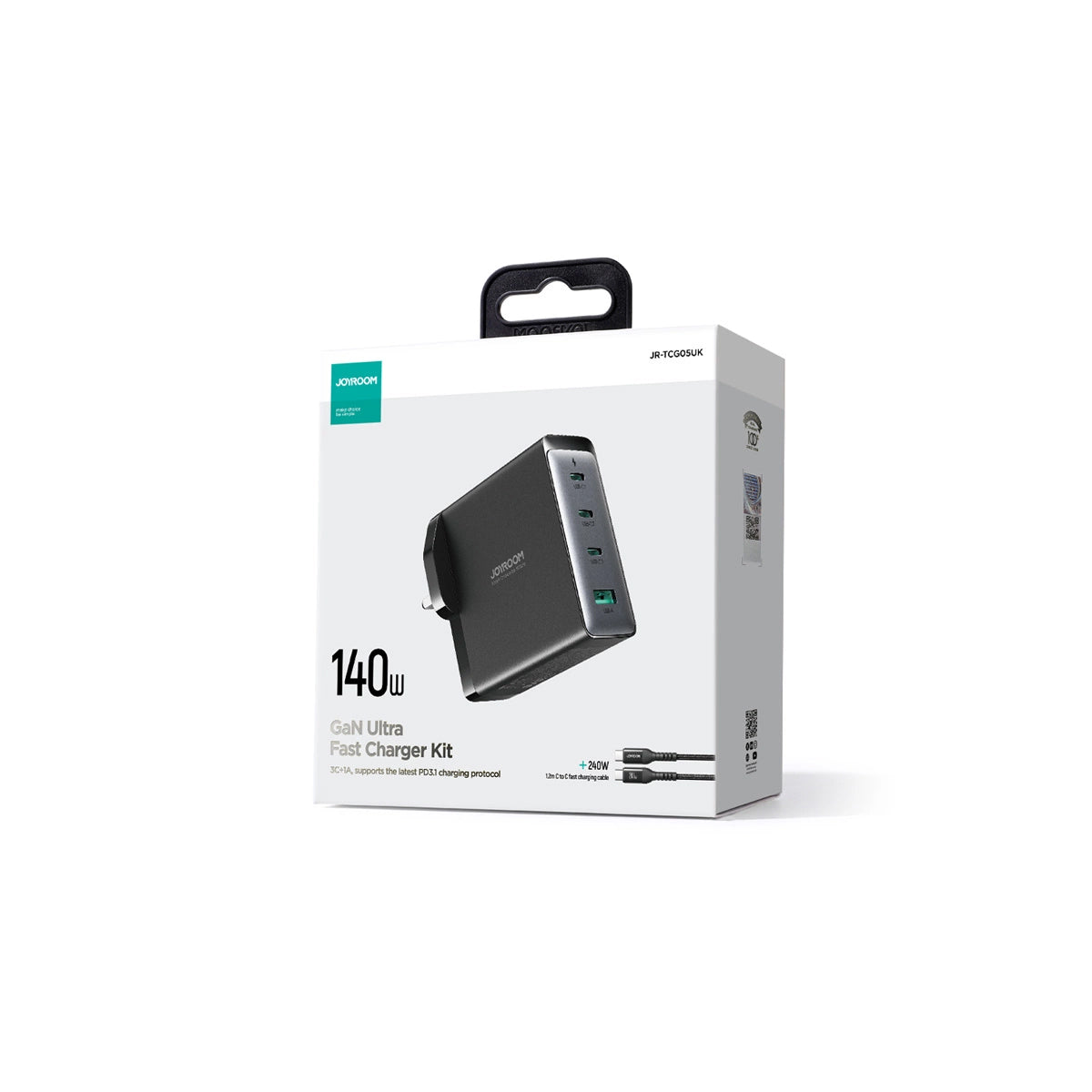 Chargeur réseau avec câble USB-C Joyroom JR-TCG05UK, 140W, 5A, 1 x USB-A - 3 x USB-C, UK, Noir