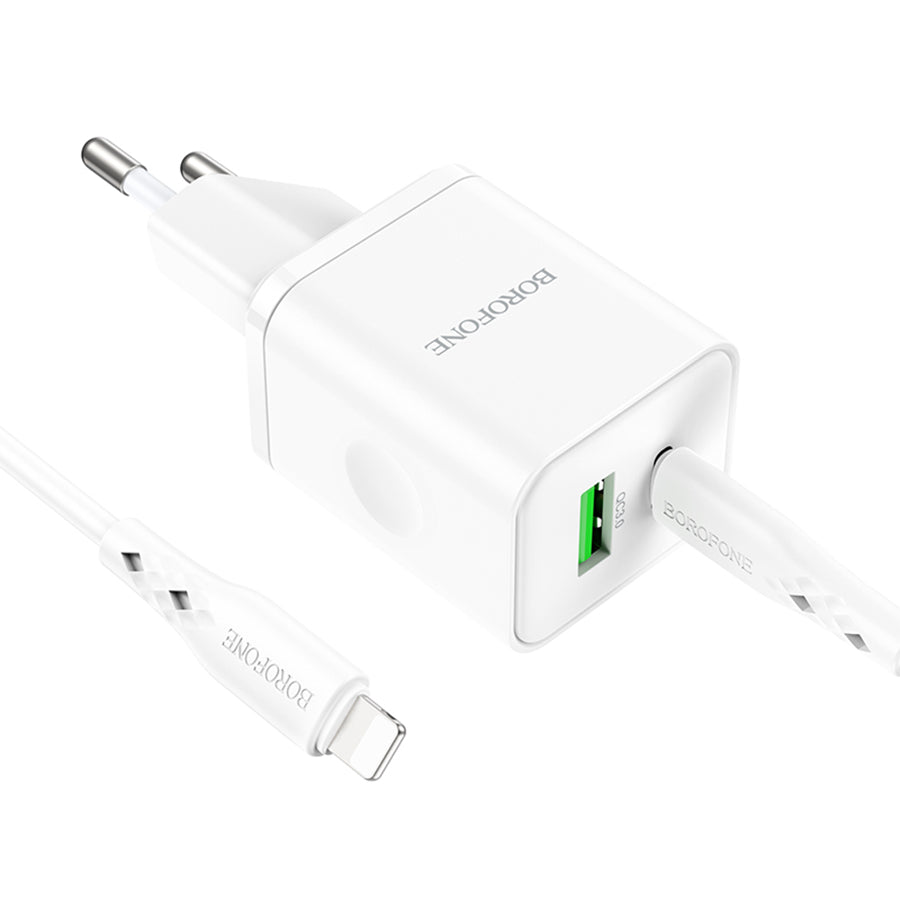 Chargeur réseau avec câble Lightning Borofone BN7, 20W, 3A, 1 x USB-A - 1 x USB-C, Blanc
