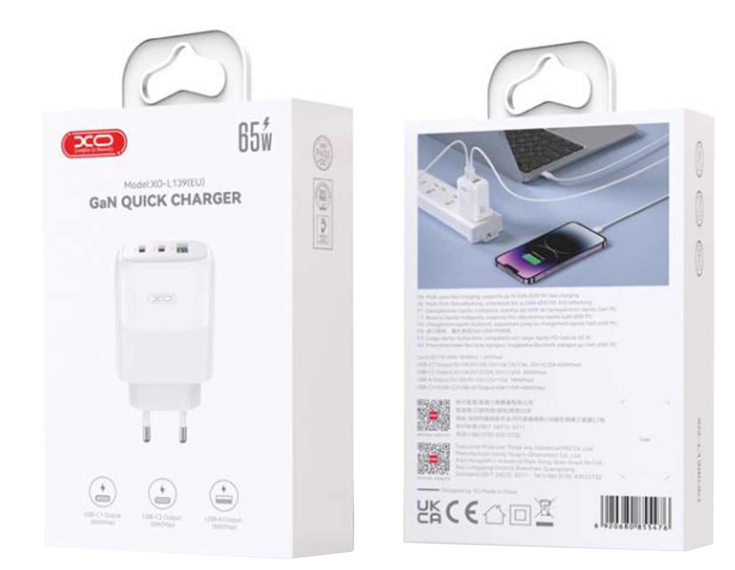 Netzladegerät mit USB-C Kabel XO Design L139, 65W, 4.5A, 1 x USB-A - 2 x USB-C, Weiß