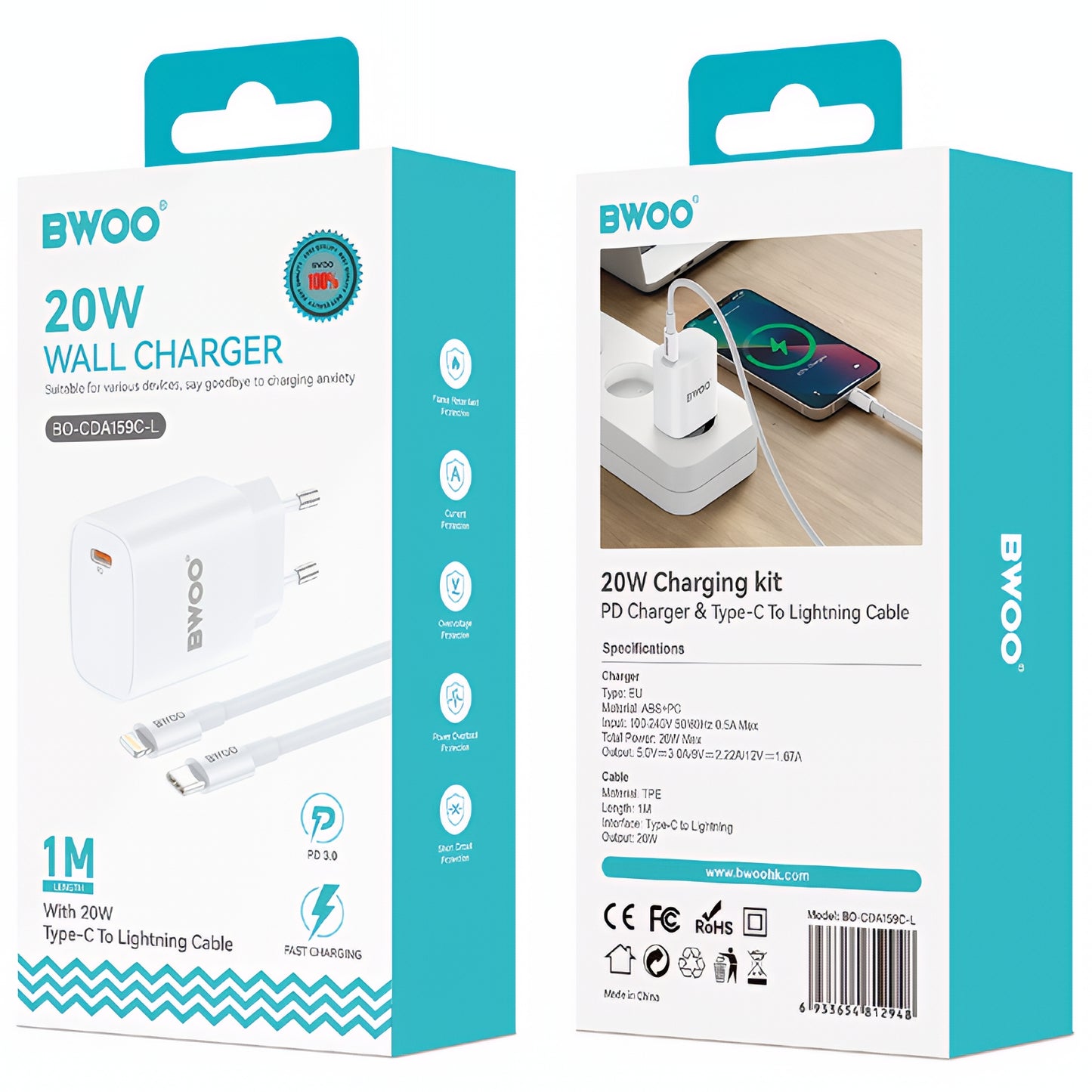 Chargeur réseau avec câble Lightning BWOO CDA159, 20W, 3A, 1 x USB-C, Blanc