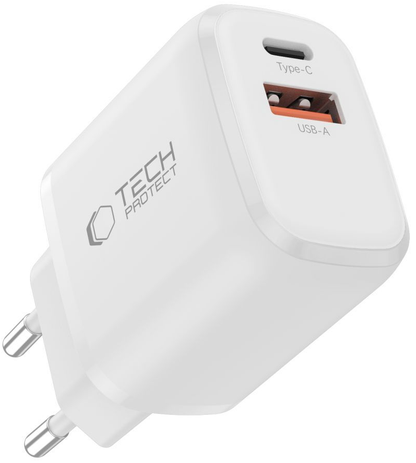 Chargeur Secteur avec Câble USB-C Tech-Protect NCA20, 20W, 3A, 1 x USB-A - 1 x USB-C, Blanc