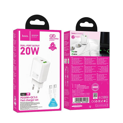 Chargeur réseau avec câble USB-C HOCO N61, 20W, 3A, 1 x USB-A - 1 x USB-C, Blanc